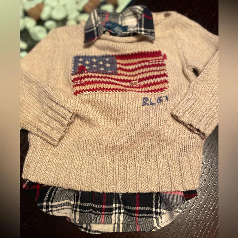 Ralph Lauren Iconic Flag Sweater & Plaid Cotton Poplin Shirt - SET